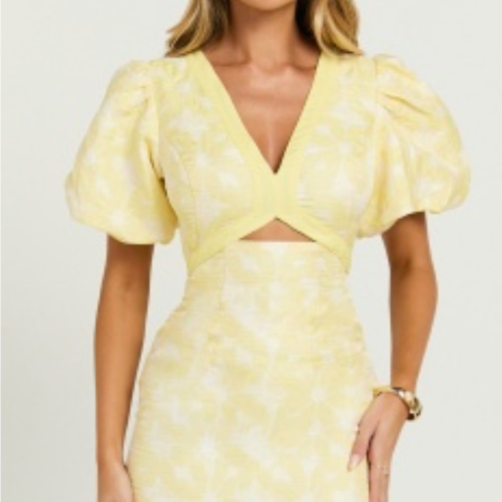 Showpo DIANA MINI DRESS - JACQUARD SHORT SLEEVE CUT OUT DRESS IN LEMON